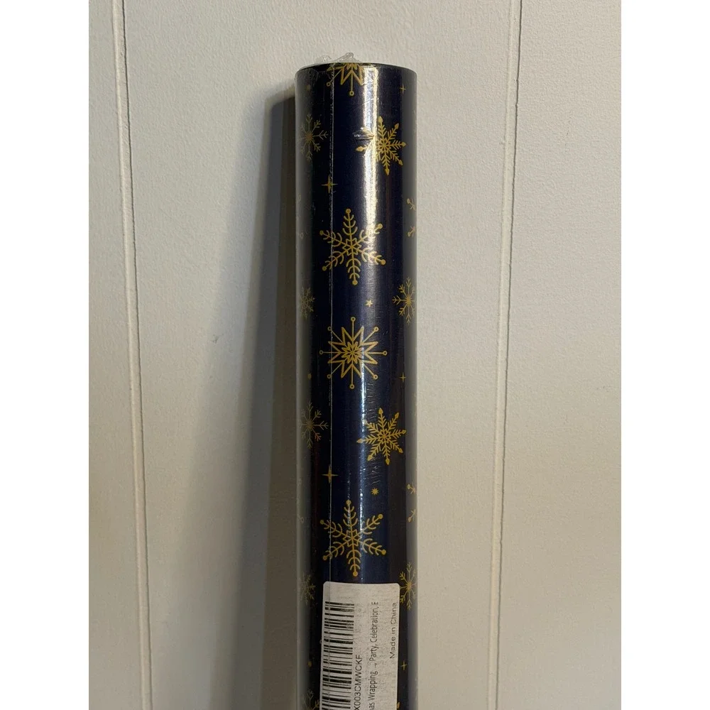 RANCCO Wrapping Paper Navy Blue Gold Snowflake Holiday Christmas Party Gift Wrap